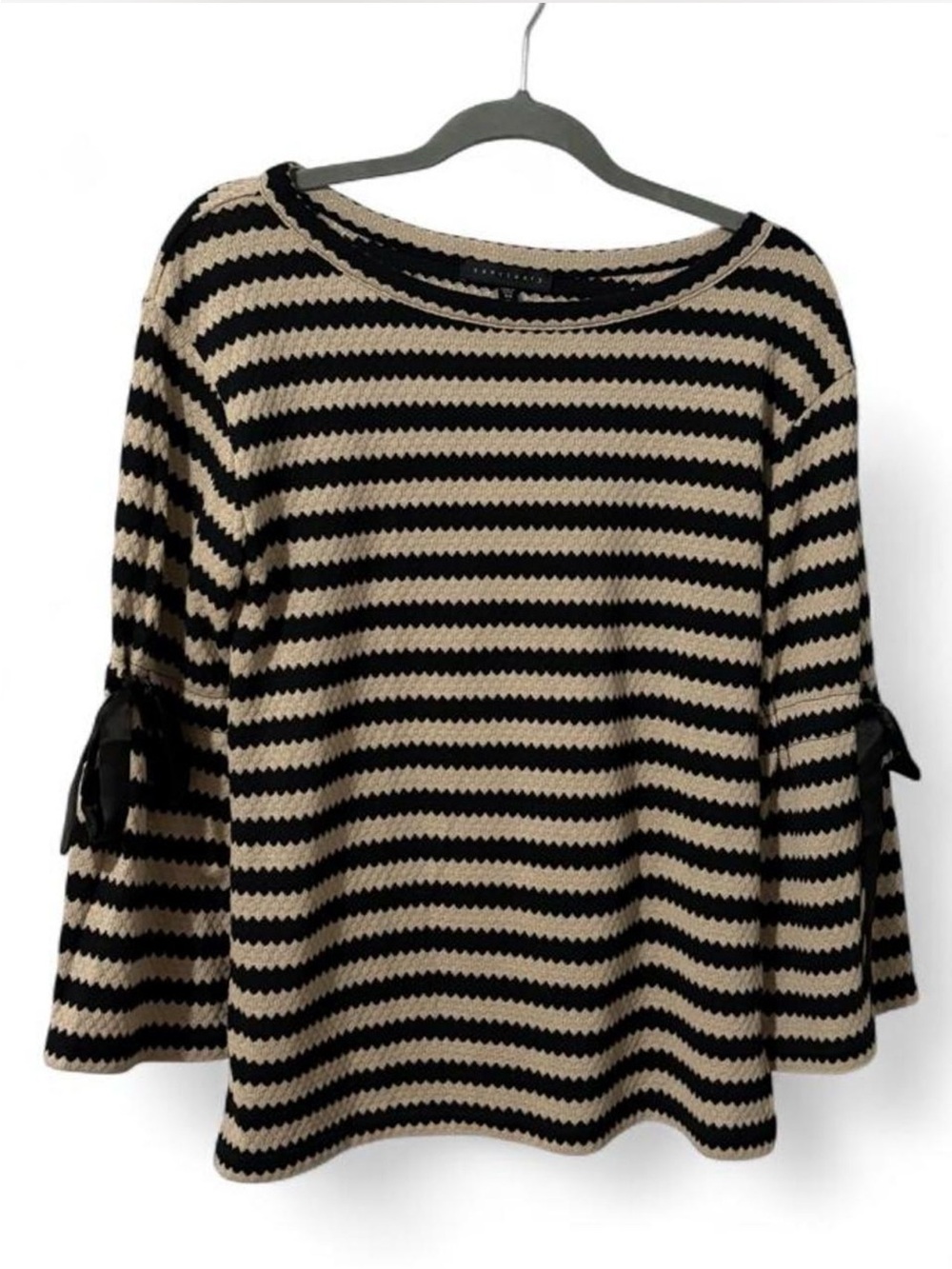 Sanctuary XS Black & Tan Striped Knit Top Bell Sleeve Ribbon Tie Boat Neck